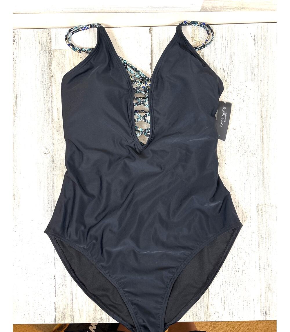 Ambrielle Womens L Black Multi Plunge Lattice One Piece Swimsuit NWT